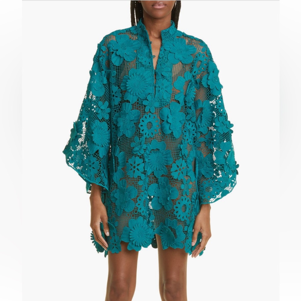 NWT La Vie Style House Lace Floral Mini Caftan Dress Coverup Jade Green One Size